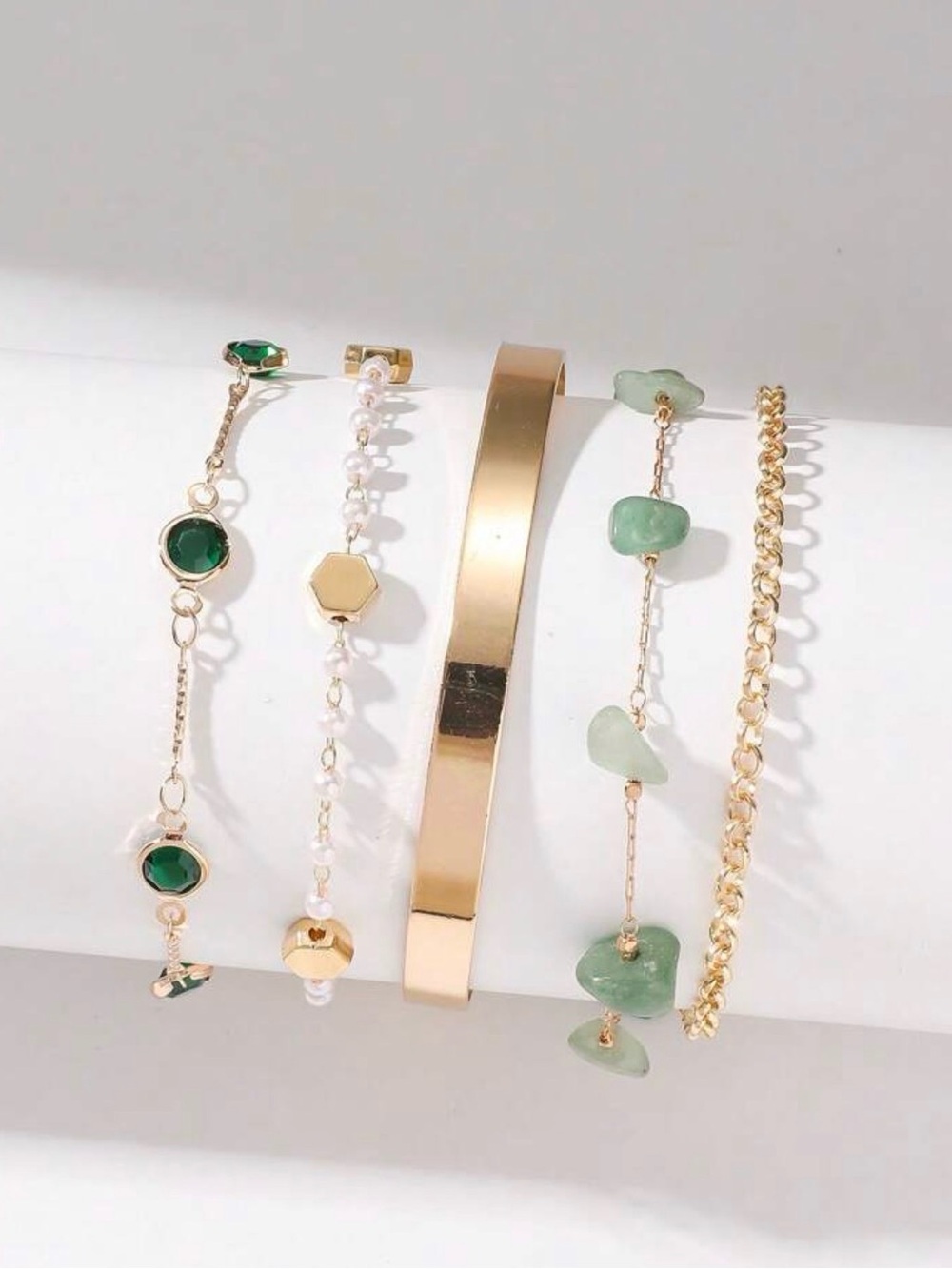 Gold and Green Layered Bracelet Set - Women Jewelry